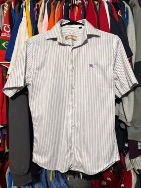 Burberry London short sleeve button down striped white shirt size 41-42 28”x19”